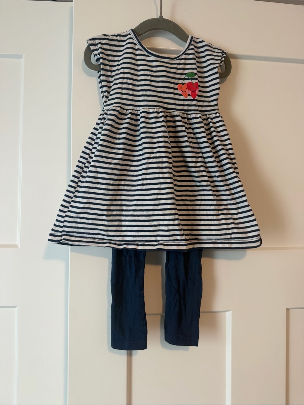 Old Navy Navy & White Striped Dress with Cherry Patch and Navy Leggings